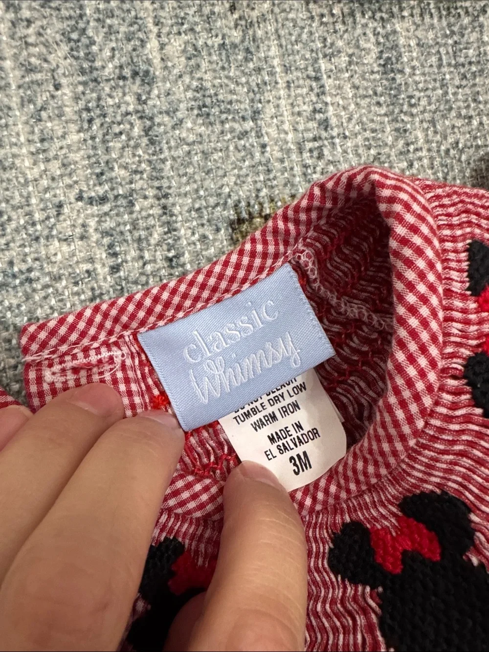 Classic Whimsy Red Gingham Baby Romper with Minnie Mouse Smocking